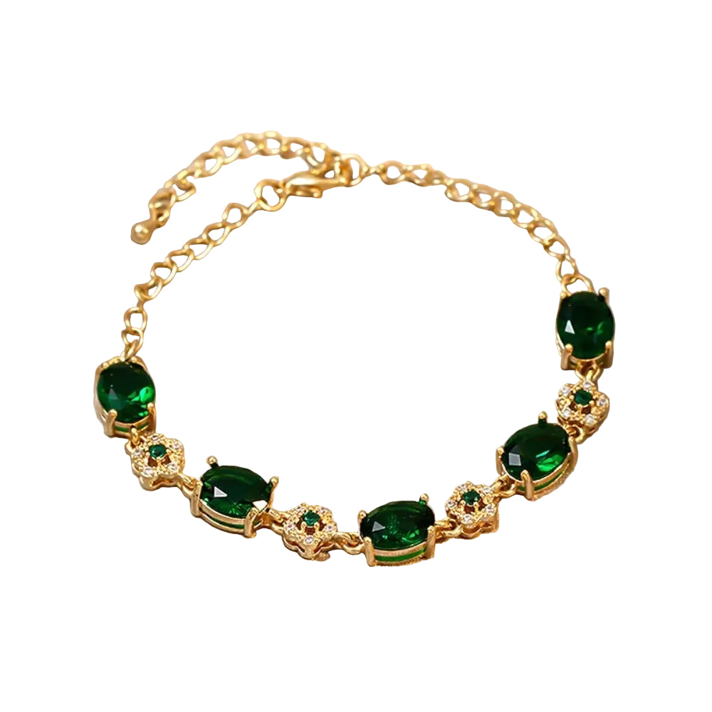Pulseira elegante com strass verde e cristais dourados.