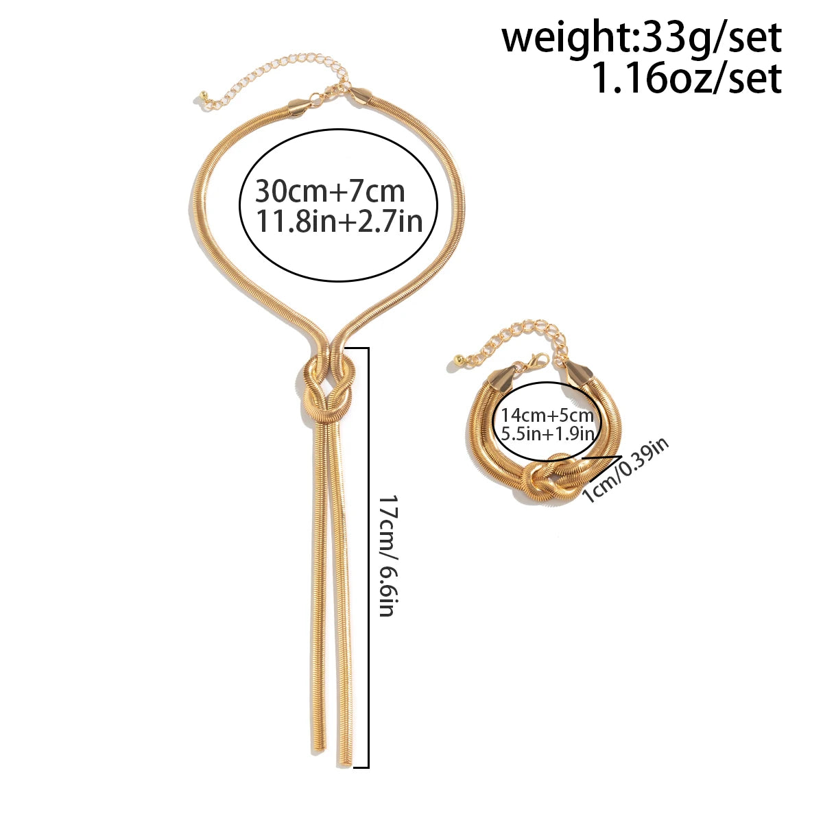 Colar, pulseira e corrente longa e lisa em formato de cobra torcida.